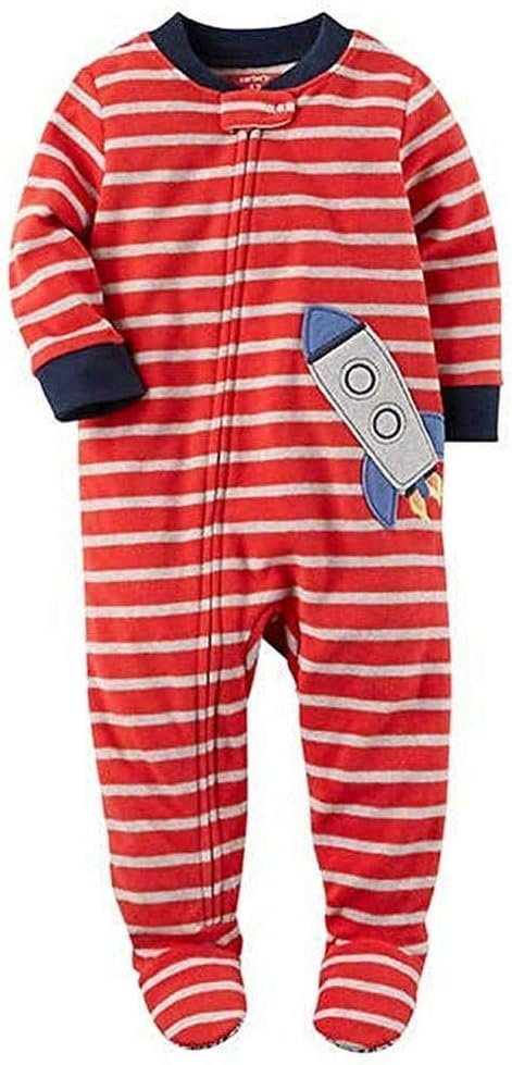 Carters Boys Red Striped Space Rocket Fleece Pajama Sleepers 5T