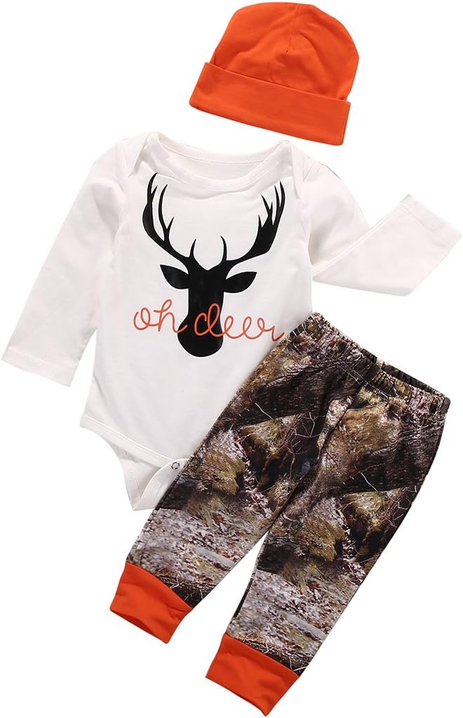 Newborn Baby Boys Long Sleeve Letters Deer Romper with Hat Set