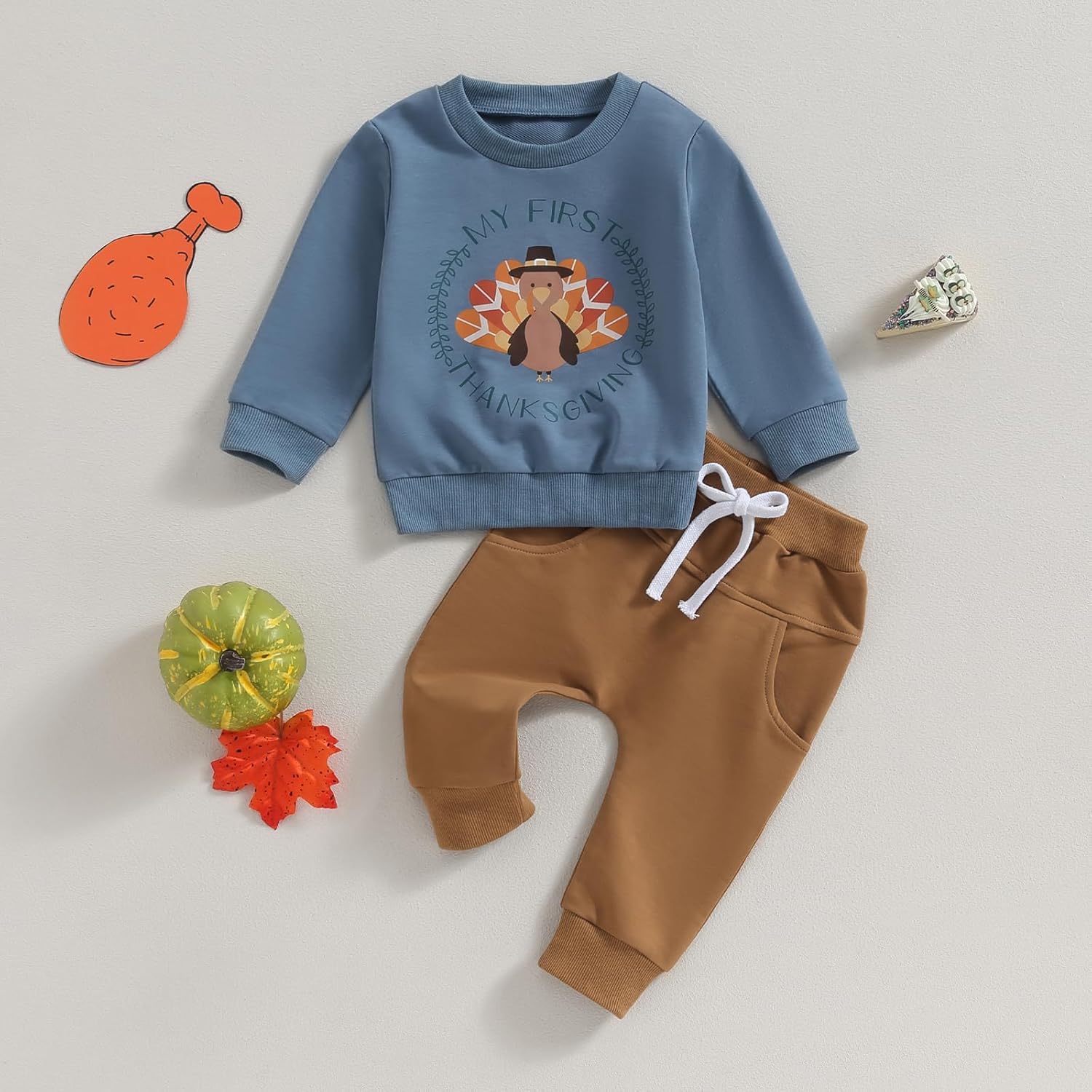 My First Thanksgiving Toddler Boy Outfit Turkey Long Sleeve Sweater Pants