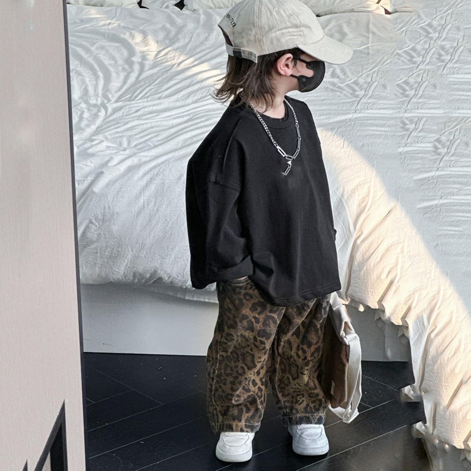Little Boy_friends Leopard Denim Elastic Waist Trousers