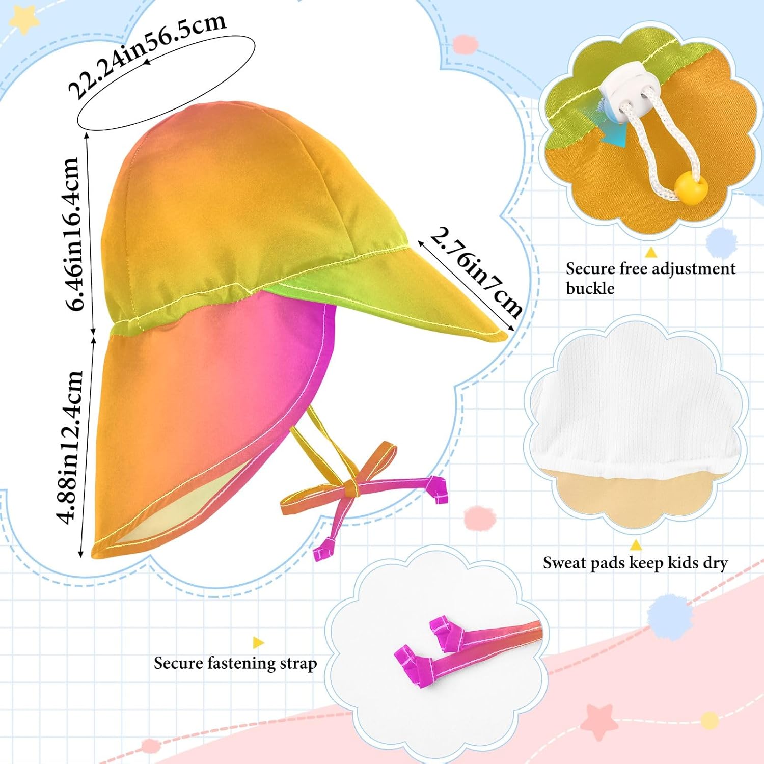 Holographic Gradient Rainbow Toddler Unisex Baby Fishing Hat with Strap