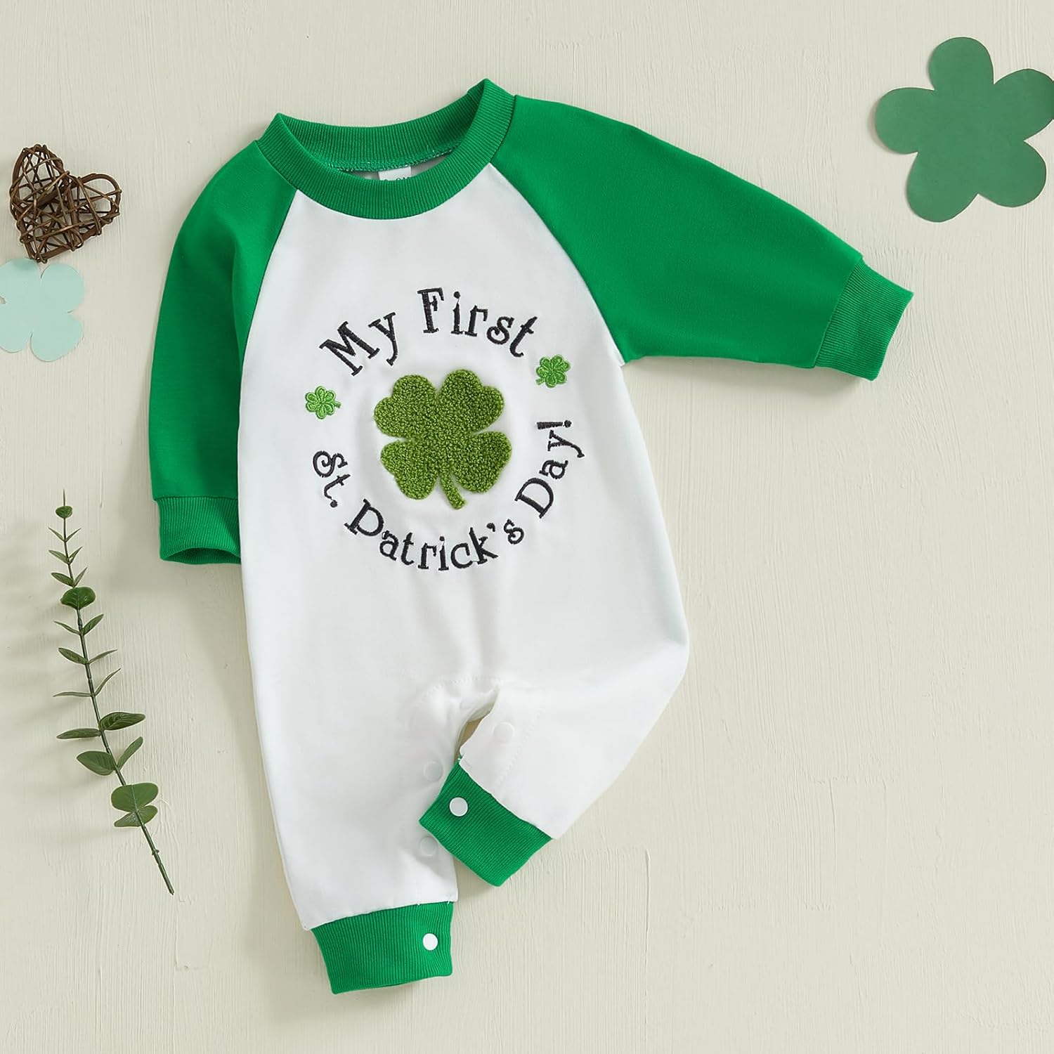 Newborn Baby Boy St Patricks Day Four-Leaf Clover Romyper