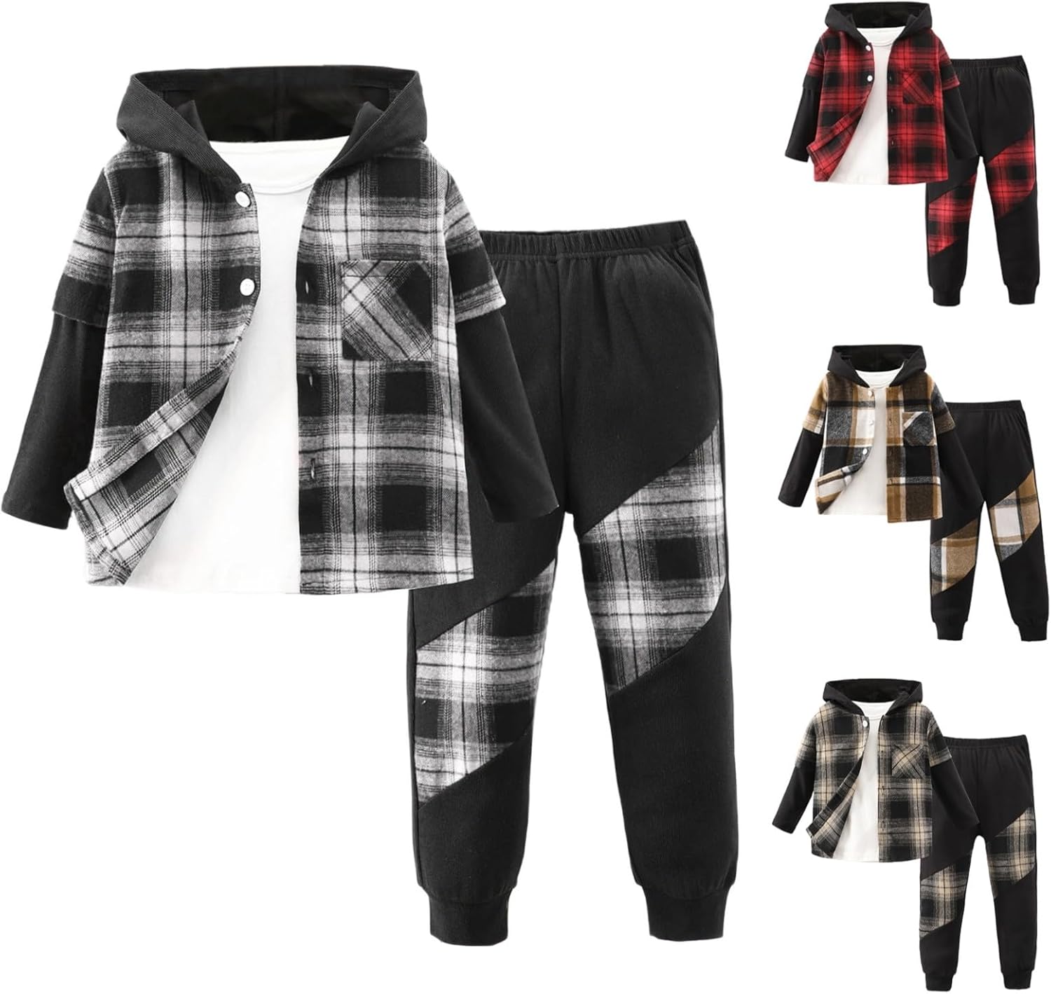 2025 Plaid Long Sleeve Hoodie Set for Boys
