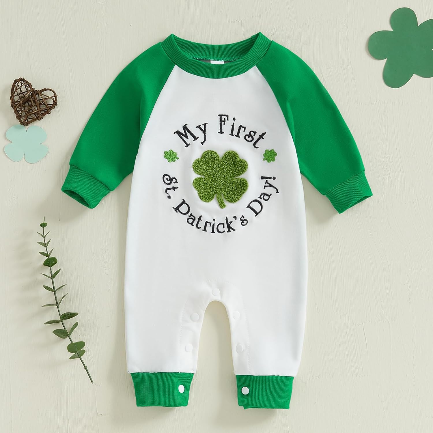 Newborn Baby Boy St Patricks Day Four-Leaf Clover Romyper