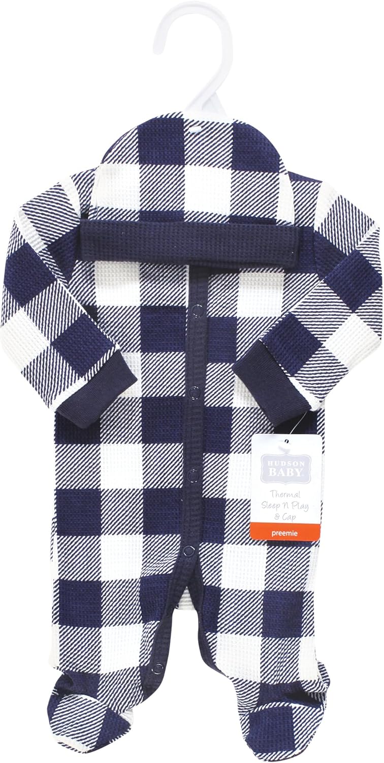 Hudson Baby Unisex Thermal Sleep Play Cap Navy Plaid