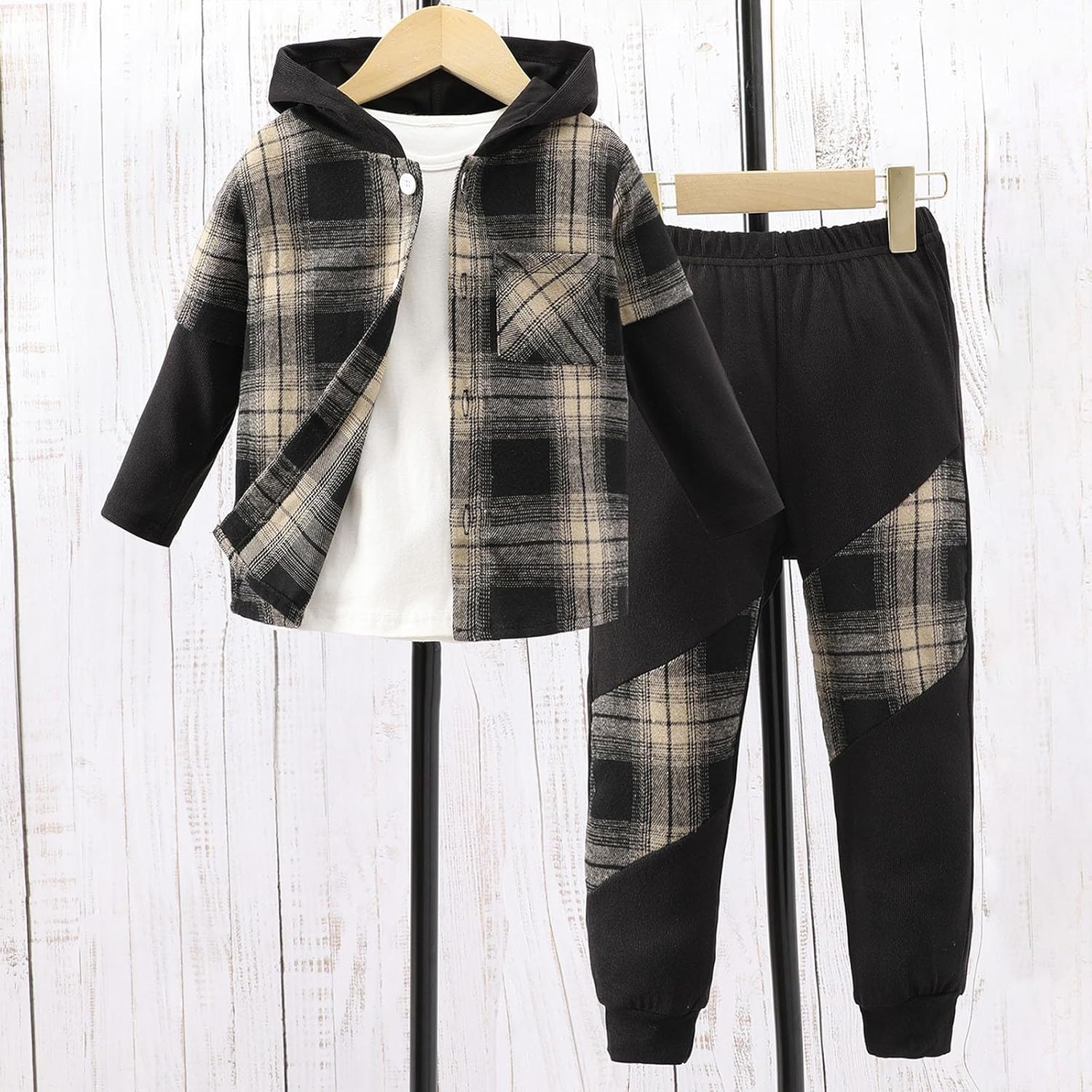 Premium Plaid Long Sleeve Hoodie Pants Set for Boys
