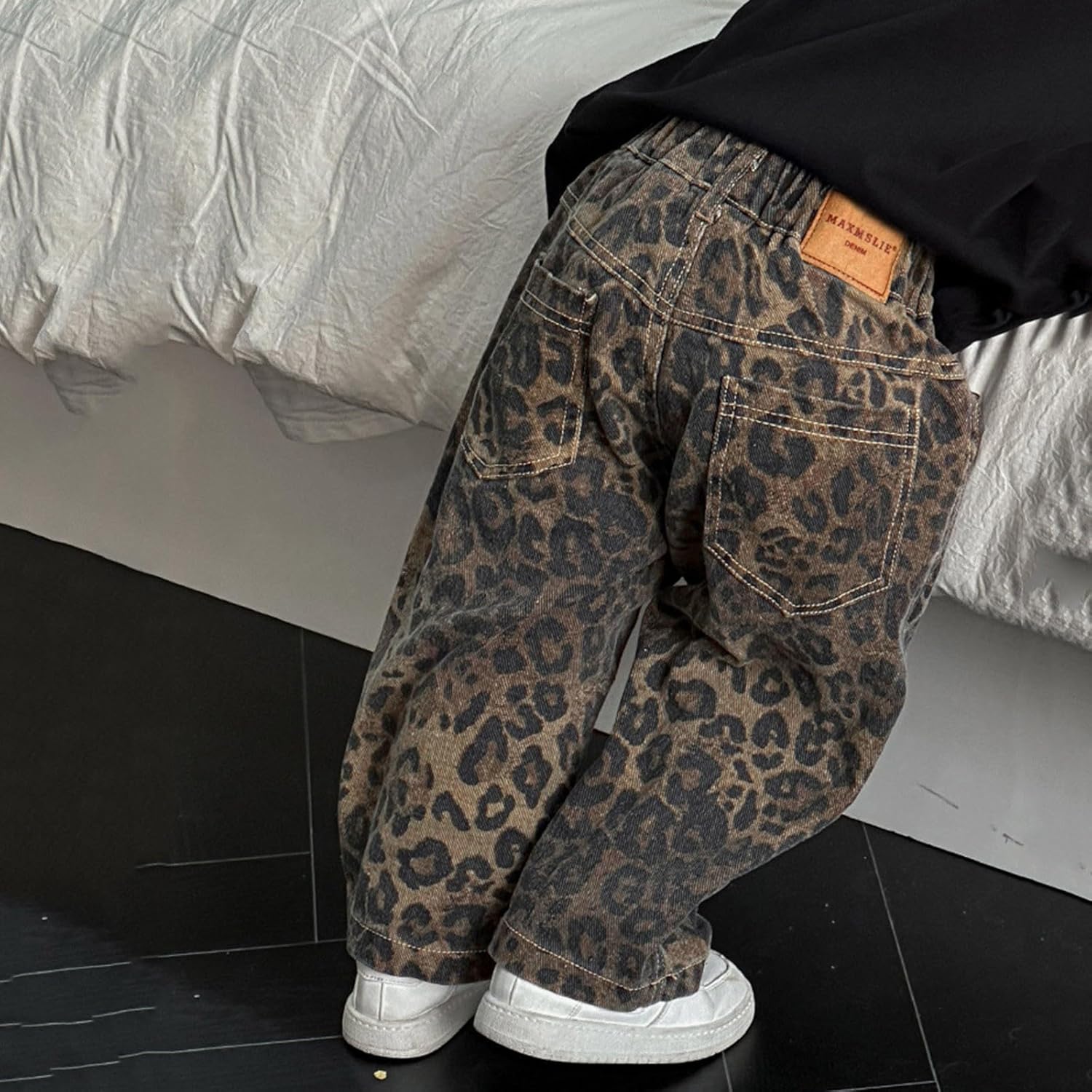 Little Boy_friends Leopard Denim Elastic Waist Trousers