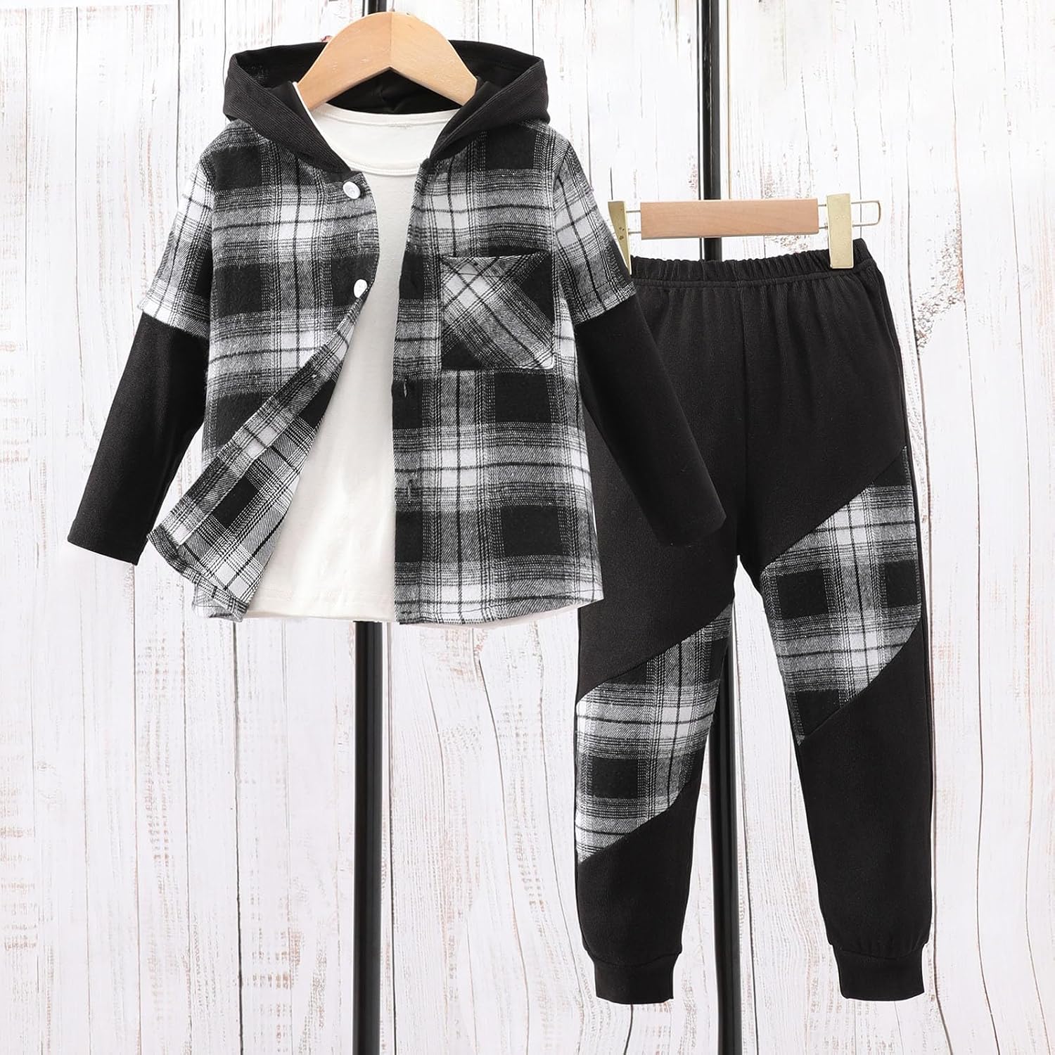 2025 Plaid Long Sleeve Hoodie Set for Boys